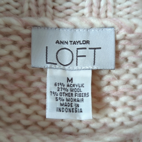 Loft Wool Blend Classic Marled Knit Tie Waist Cowl Neck Sweater Pink Cream M - Picture 4 of 10